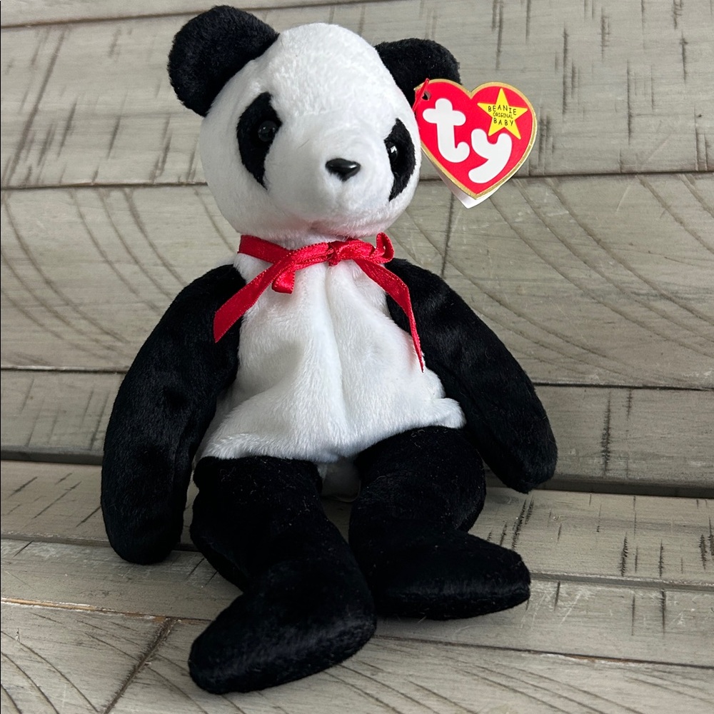 FORTUNE Ty Beanie Baby Panda Bear Born 1998 Black & White Bear Plushie
